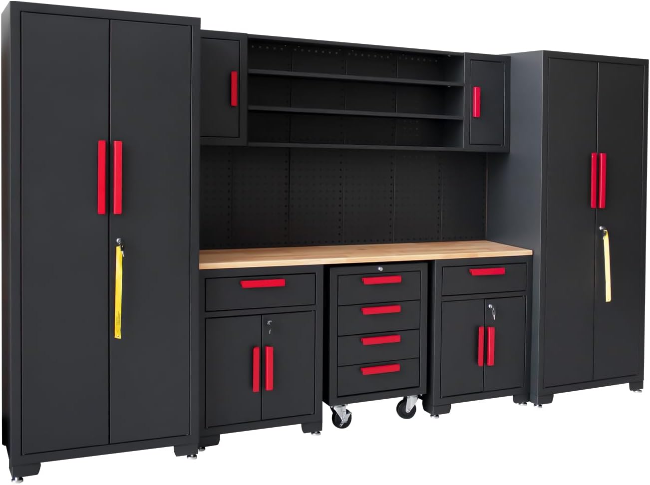 Black storage cabinet with red handles and a wooden workbench in a workshop setting.