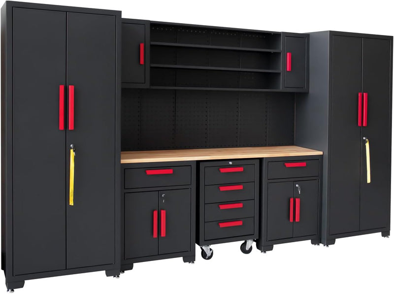 Garage Cabinet Combination（Black Base Red Handle）
