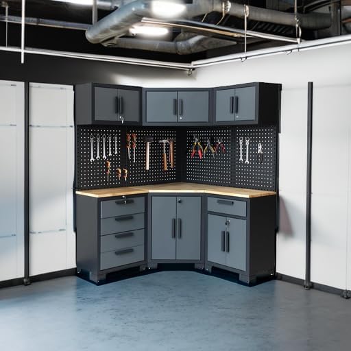 Corner Garage Cabinet Combination(Grey Black Handle)