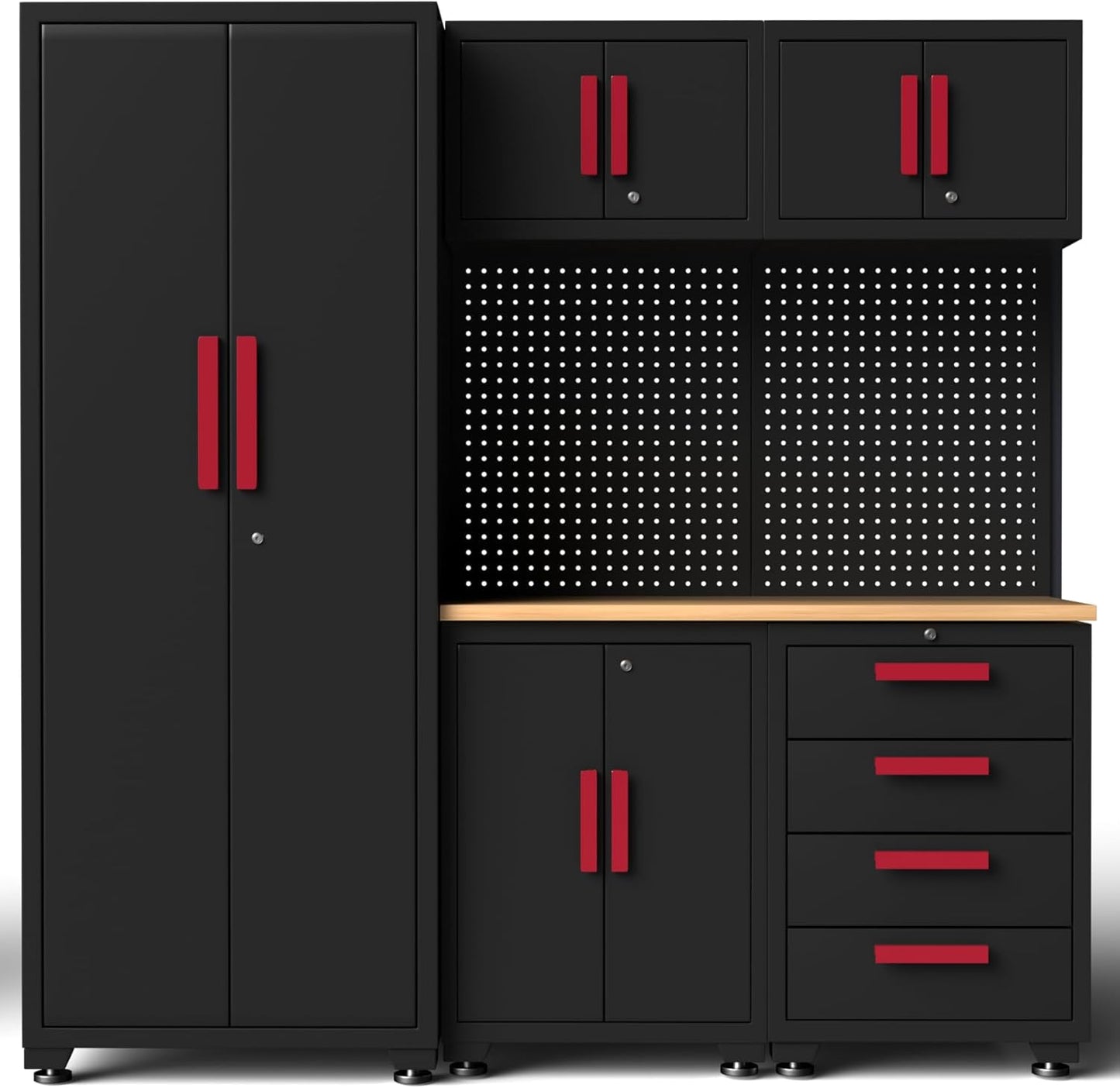 Black Base Red Handle Garage Cabinet System