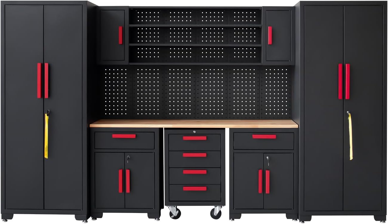 Garage Cabinet Combination（Black Base Red Handle）
