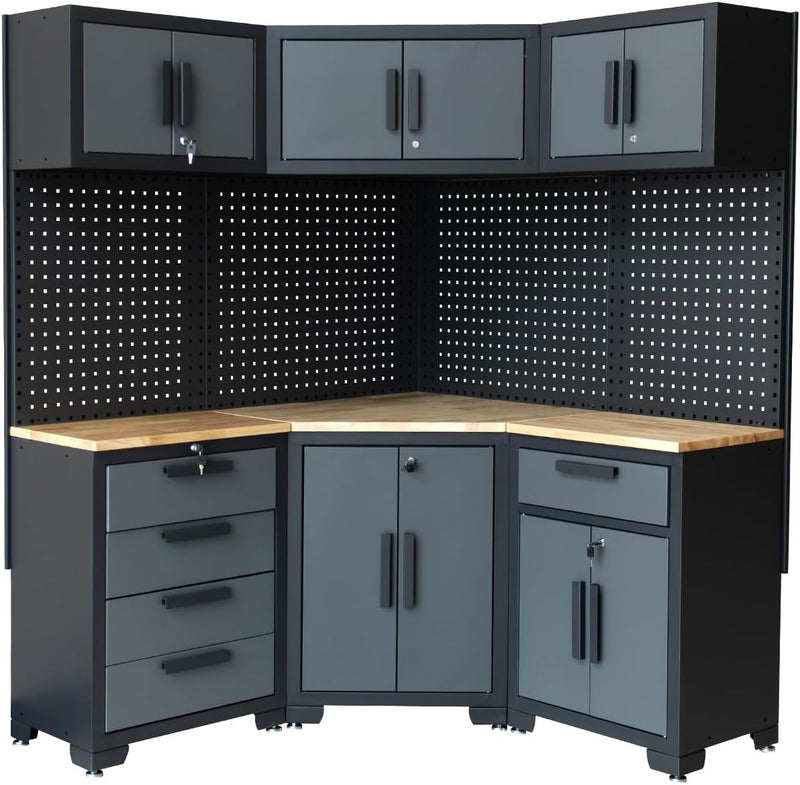Corner Garage Cabinet Combination(Grey Black Handle)