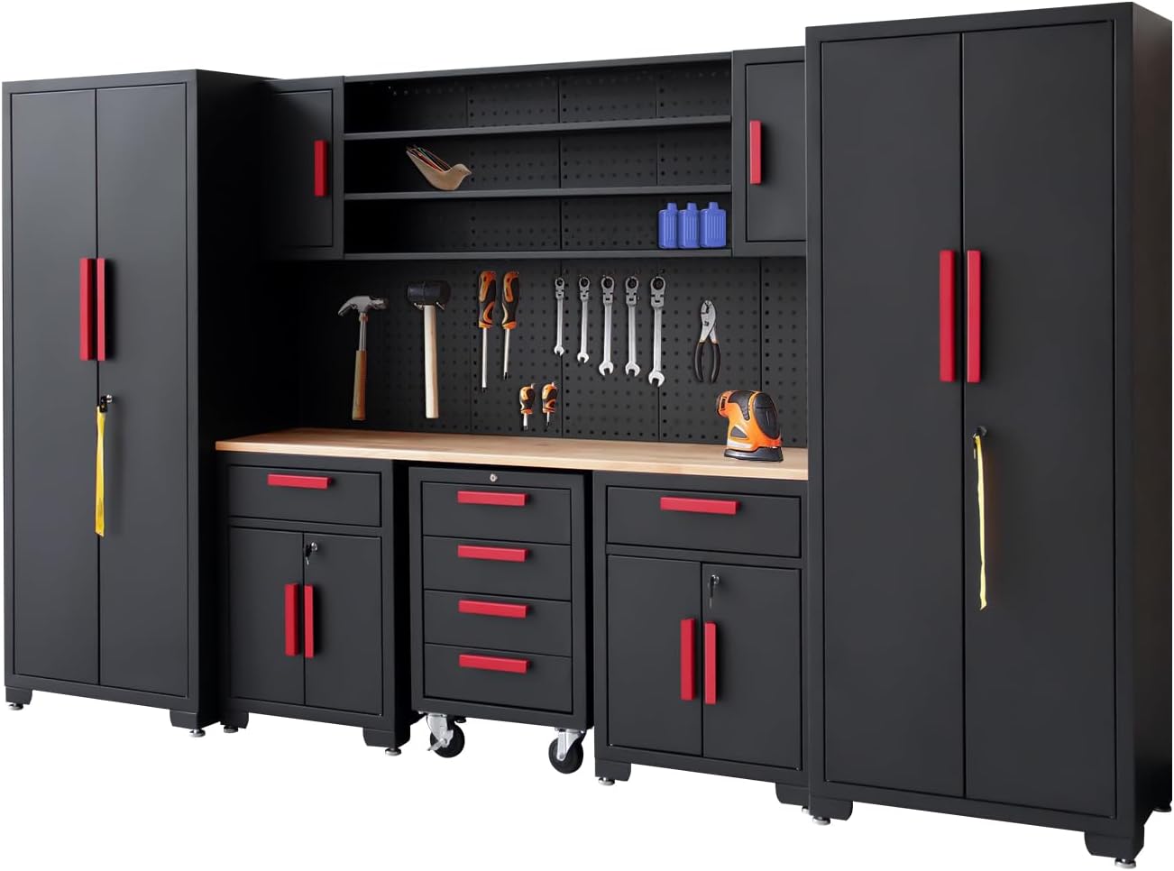 Garage Cabinet Combination（Black Base Red Handle）