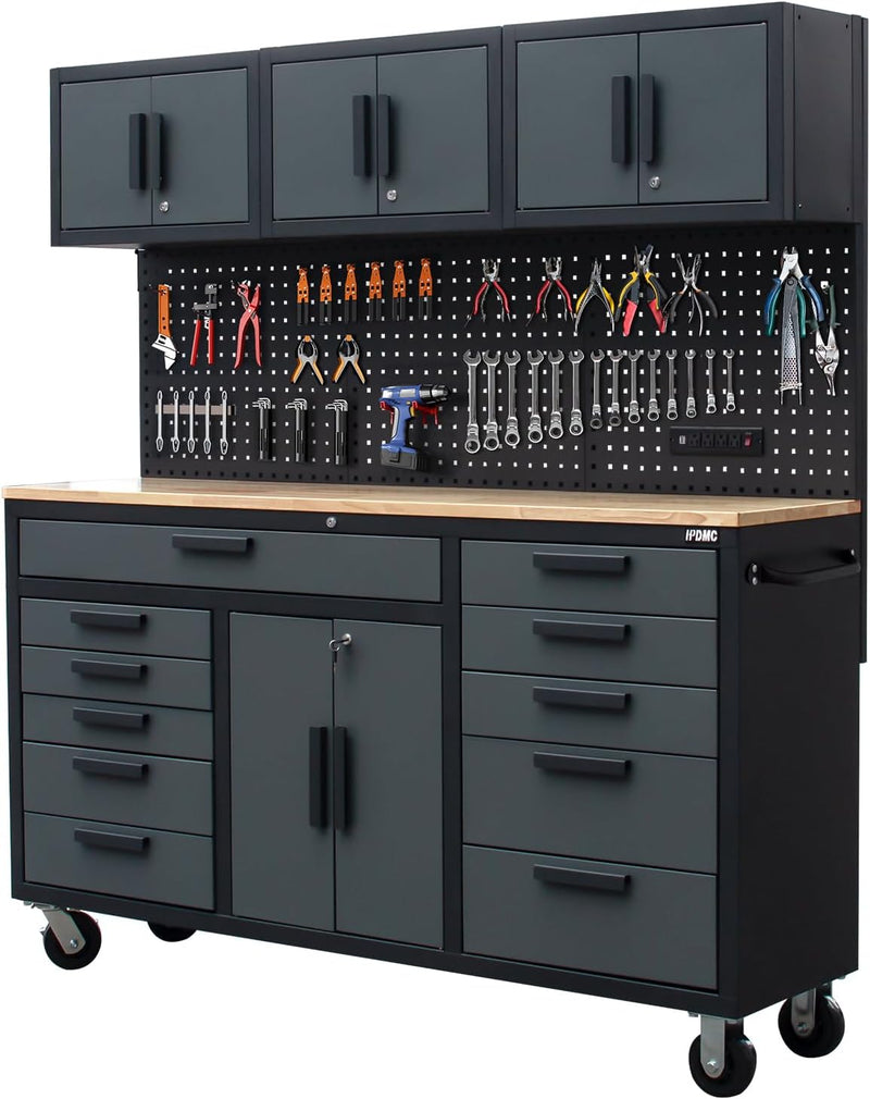 72-inch Rolling Tool Chest Cabinet Mobile Garage Workbench with Drawers Heavy-Duty Rolling Workbench with 11 Drawers, 2-Door Cabinet, 3 Top Cabinet, Pegboard & Power Strip for Tool Organization