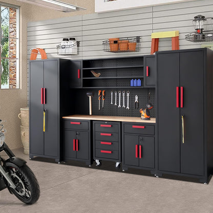 Garage Cabinet Combination（Black Base Red Handle）