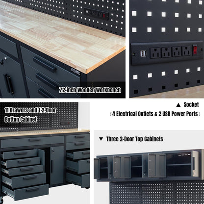 72-inch Rolling Tool Chest Cabinet Mobile Garage Workbench with Drawers Heavy-Duty Rolling Workbench with 11 Drawers, 2-Door Cabinet, 3 Top Cabinet, Pegboard & Power Strip for Tool Organization