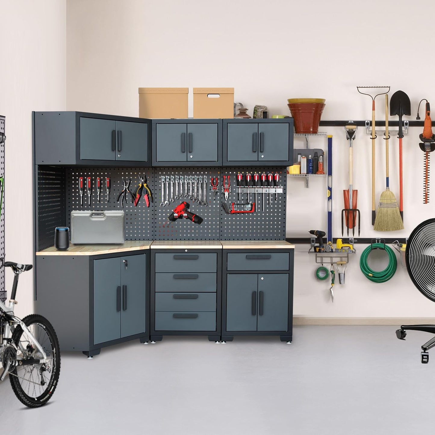Corner Garage Cabinet Combination(Grey Black Handle)