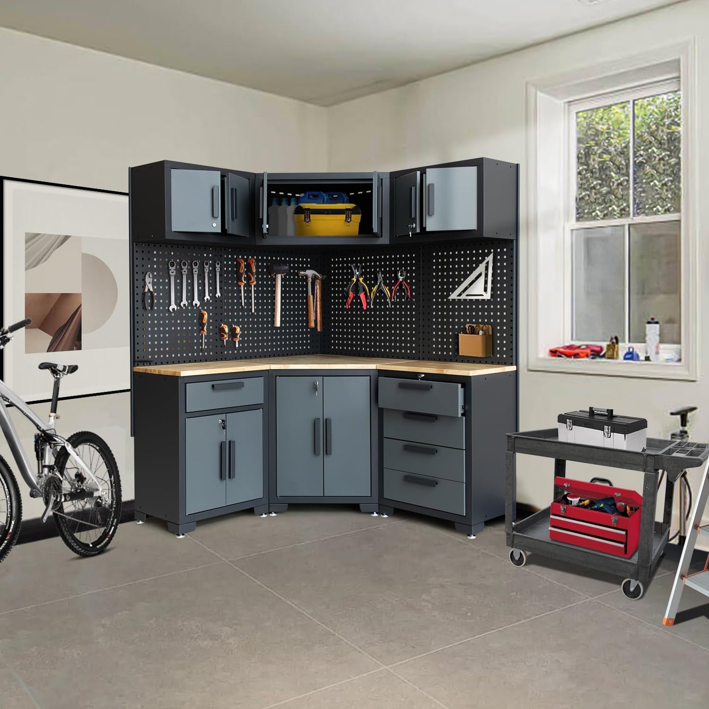 Corner Garage Cabinet Combination(Grey Black Handle)