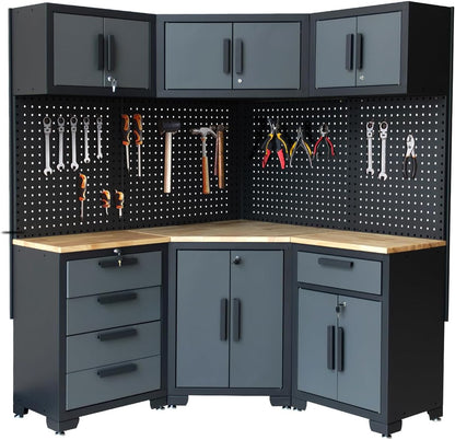 Corner Garage Cabinet Combination(Grey Black Handle)