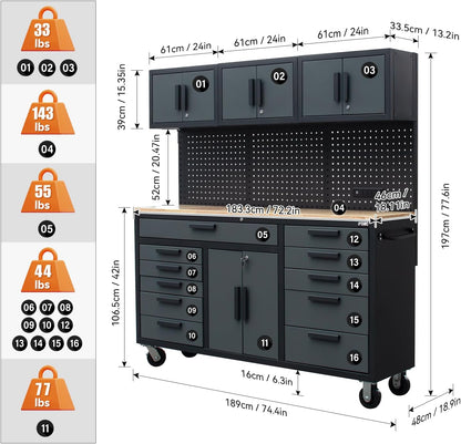 72-inch Rolling Tool Chest Cabinet Mobile Garage Workbench with Drawers Heavy-Duty Rolling Workbench with 11 Drawers, 2-Door Cabinet, 3 Top Cabinet, Pegboard & Power Strip for Tool Organization