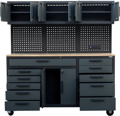 72-inch Rolling Tool Chest Cabinet Mobile Garage Workbench with Drawers Heavy-Duty Rolling Workbench with 11 Drawers, 2-Door Cabinet, 3 Top Cabinet, Pegboard & Power Strip for Tool Organization