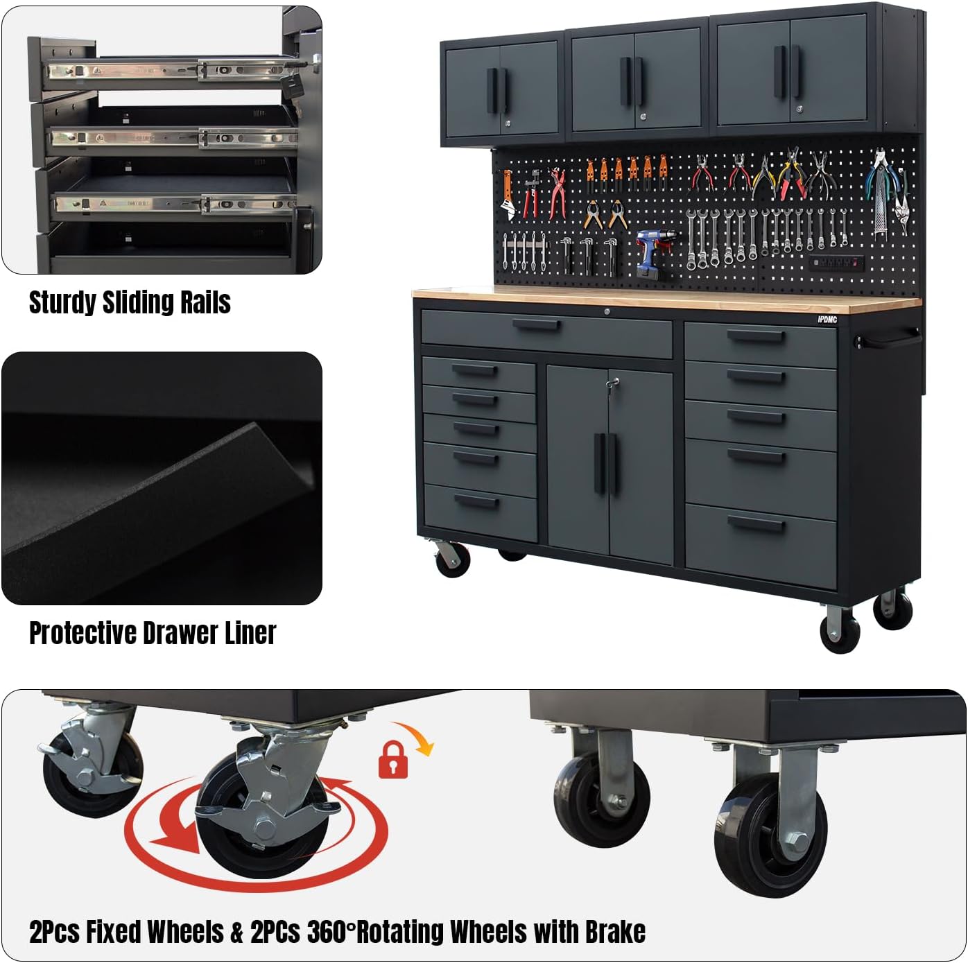 72-inch Rolling Tool Chest Cabinet Mobile Garage Workbench with Drawers Heavy-Duty Rolling Workbench with 11 Drawers, 2-Door Cabinet, 3 Top Cabinet, Pegboard & Power Strip for Tool Organization