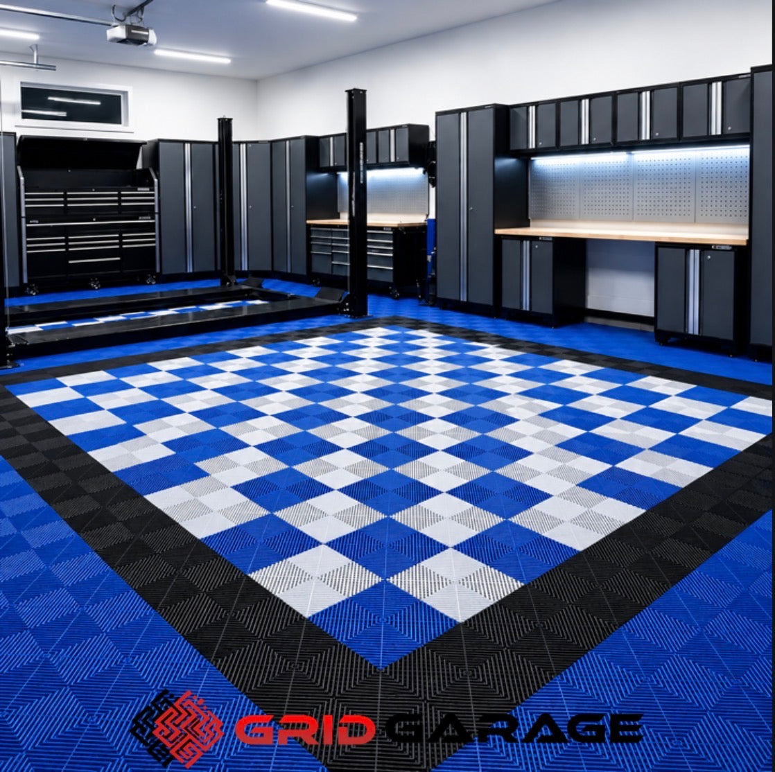 Garage interior with checkered floor and grid garage branding