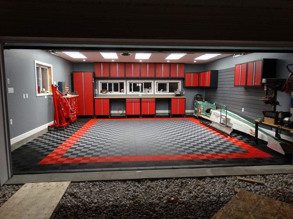 Red and black RaceDeck garage floor tiles